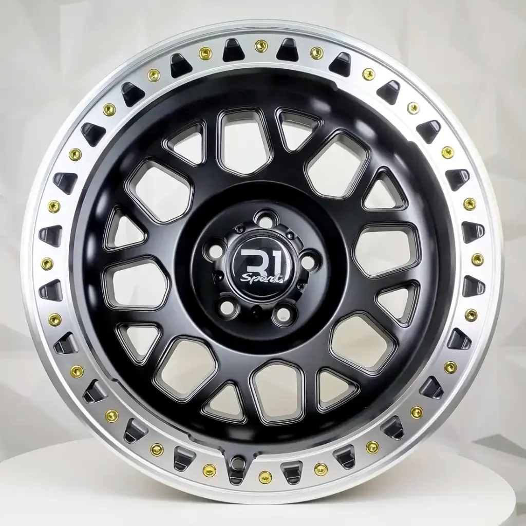 RIN 17X9 5-114.3 R1 SPORT DX130 MATE BLACK MACHINE LIP GOLD RIVETS ET0 CB73.1 